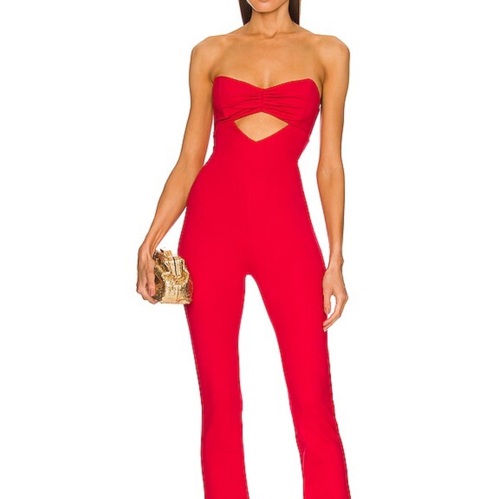 Vibrant Red Strapless Jumpsuit with Cutout Detail and Fitted Bodice